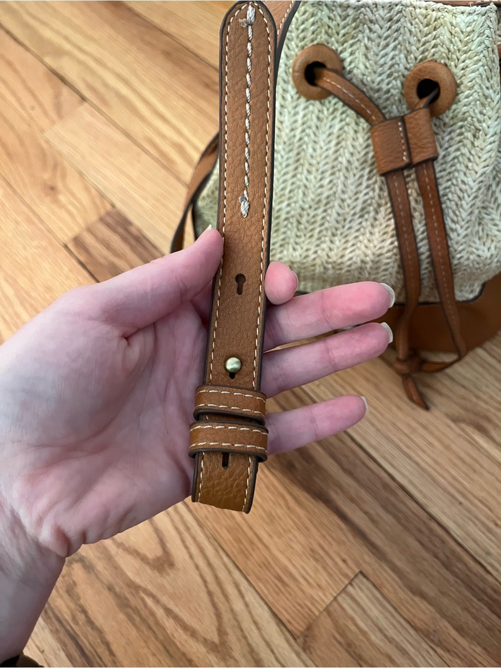 Sam Edelman Tan Leather-Trim Woven Drawstring Bucket Bag - Picture 2 of 6